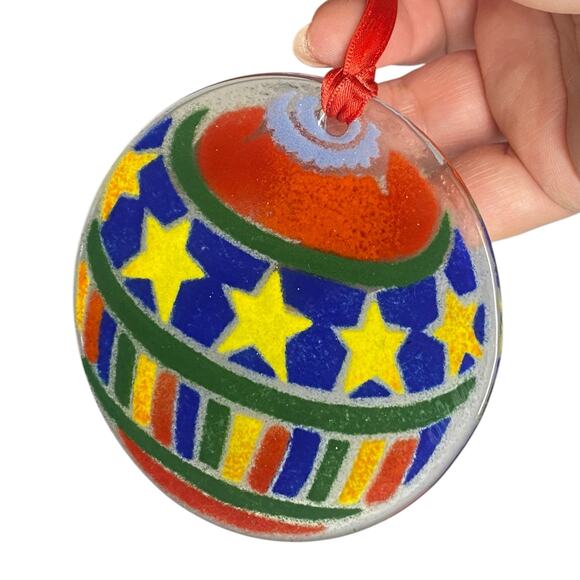 Peggy Karr Christmas Ornament Ball Stars Bars Fused Glass Holiday - Picture 11 of 12